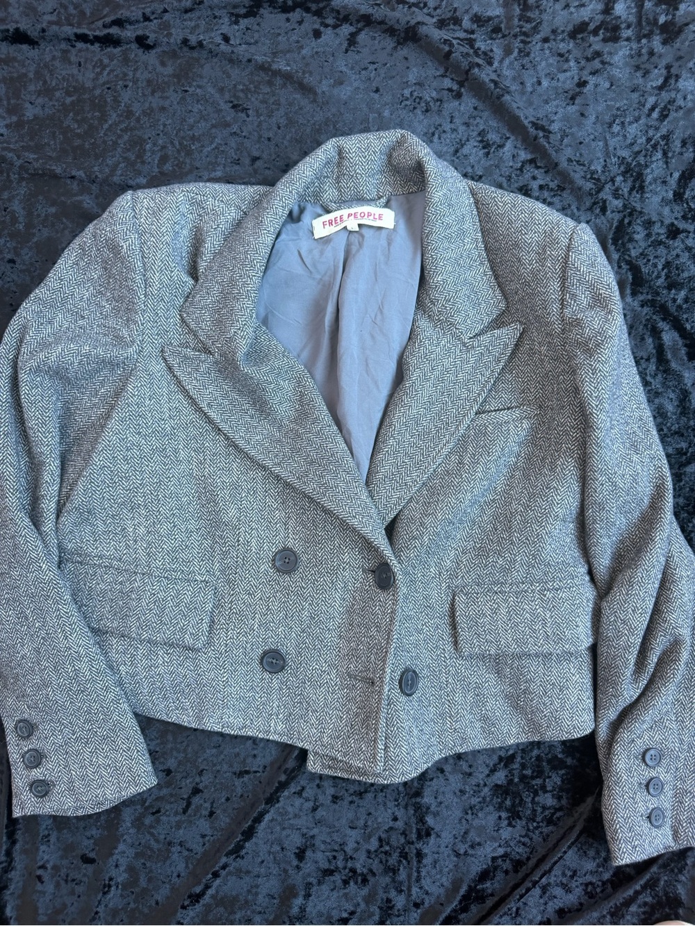 Free People Gray Herringbone Cropped Blazer